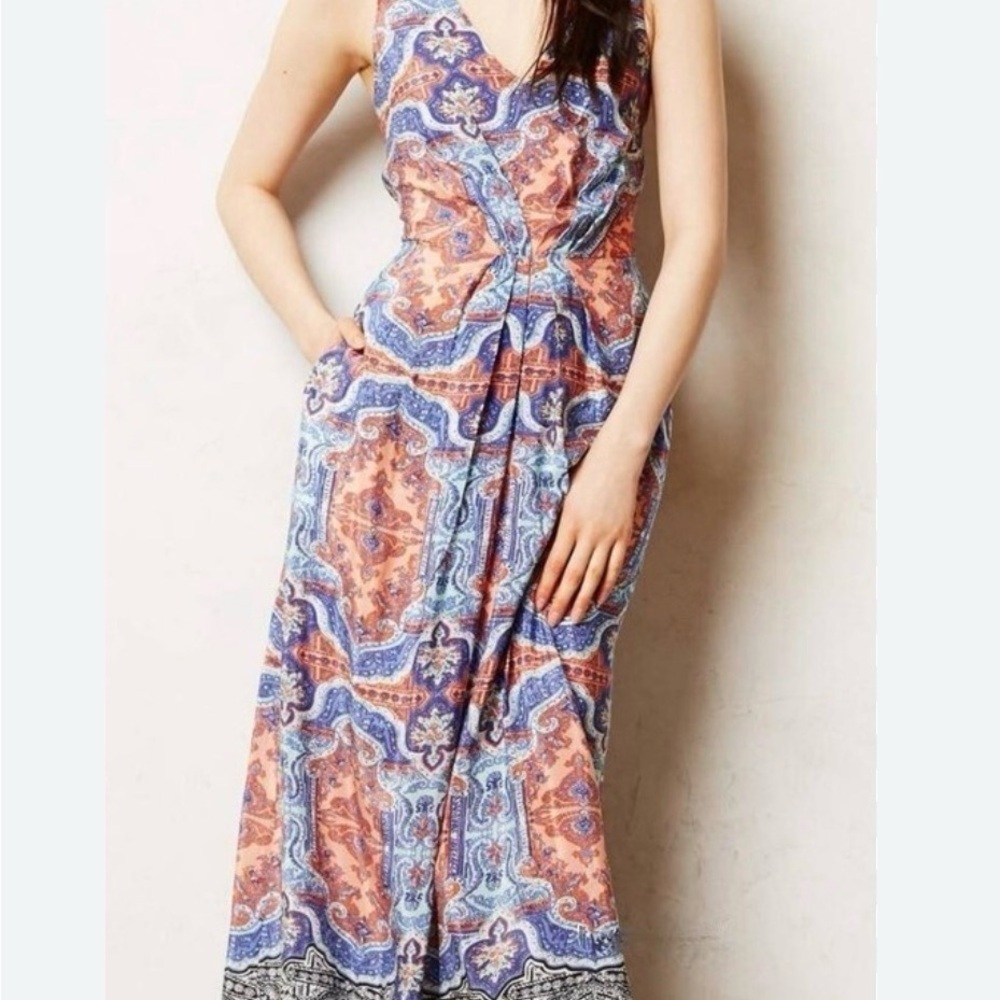 Maeve Anthropologie Paisley Medallion V-Neck Sleeveless Silk Maxi Dress - Picture 2 of 16